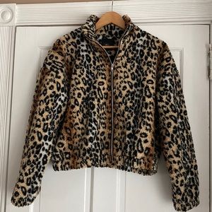 Leopard faux fur teddy bomber jacket